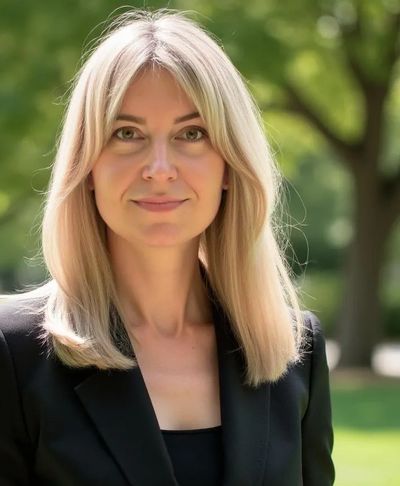 Confident woman in a black blazer outdoors with a serene expression.