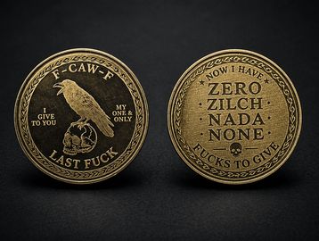 Two round coins with humorous and explicit text about giving a last fuck.
