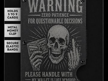 A wallet with a skull design warning about zero patience for questionable decisions.