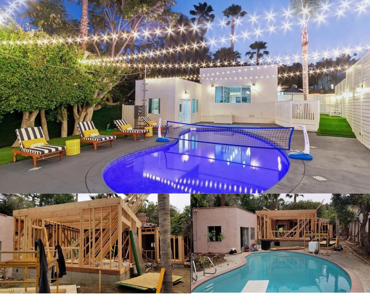 A modern backyard pool area with string lights and lounge chairs at night.