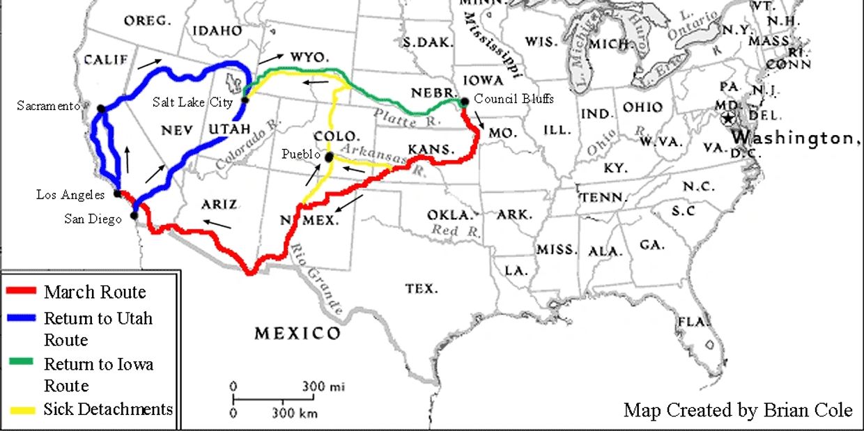 Map of the routes taken by The Mormon Battalion