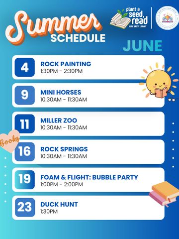 June summer schedule with fun activities like rock painting and bubble party.