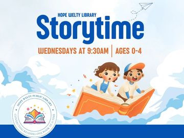 Library storytime for children ages 0-4 every Wednesday at 9:30 AM.