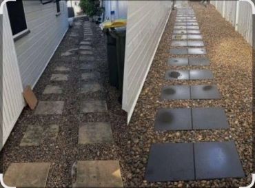 Before and after of a backyard pathway with fresh, clean stepping stones.