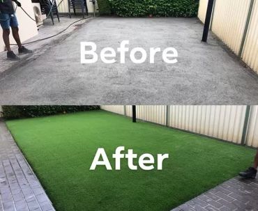 Before and after images of a backyard transformation from bare ground to lush green artificial grass.