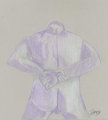 Sketch of a person wearing a jacket with hands behind their back.