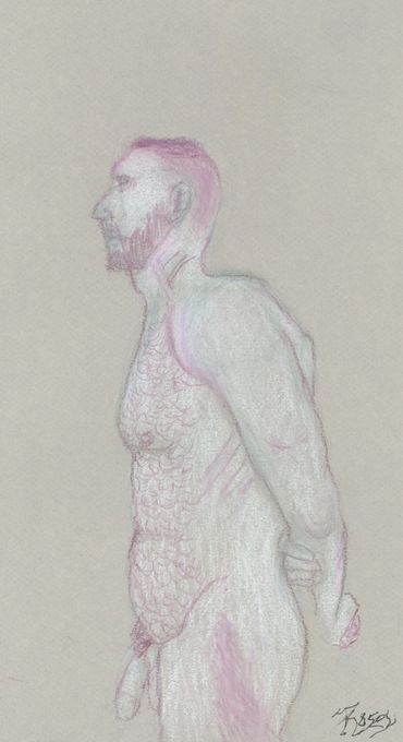 Side profile sketch of a bearded nude man with hands behind his back.