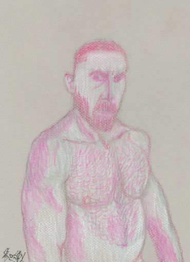 Sketch of a muscular man with pink shading.