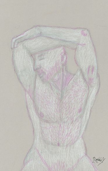 Artistic drawing of a muscular man stretching with arms raised above his head.
