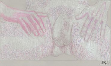 An abstract sketch of two hands touching a textured surface with light pink and purple hues.
