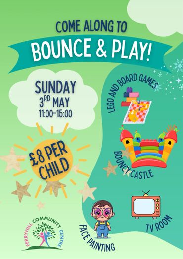Flyer for a children's Bounce &amp; Play event with games and face painting.