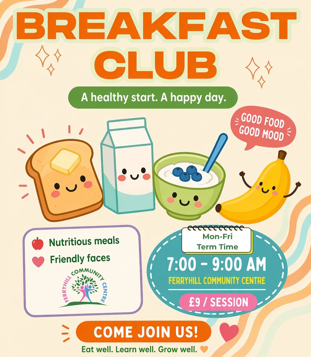 Breakfast Club offers healthy meals and friendly faces Mon-Fri, 7-9 AM at Ferryhill Community Centre.
