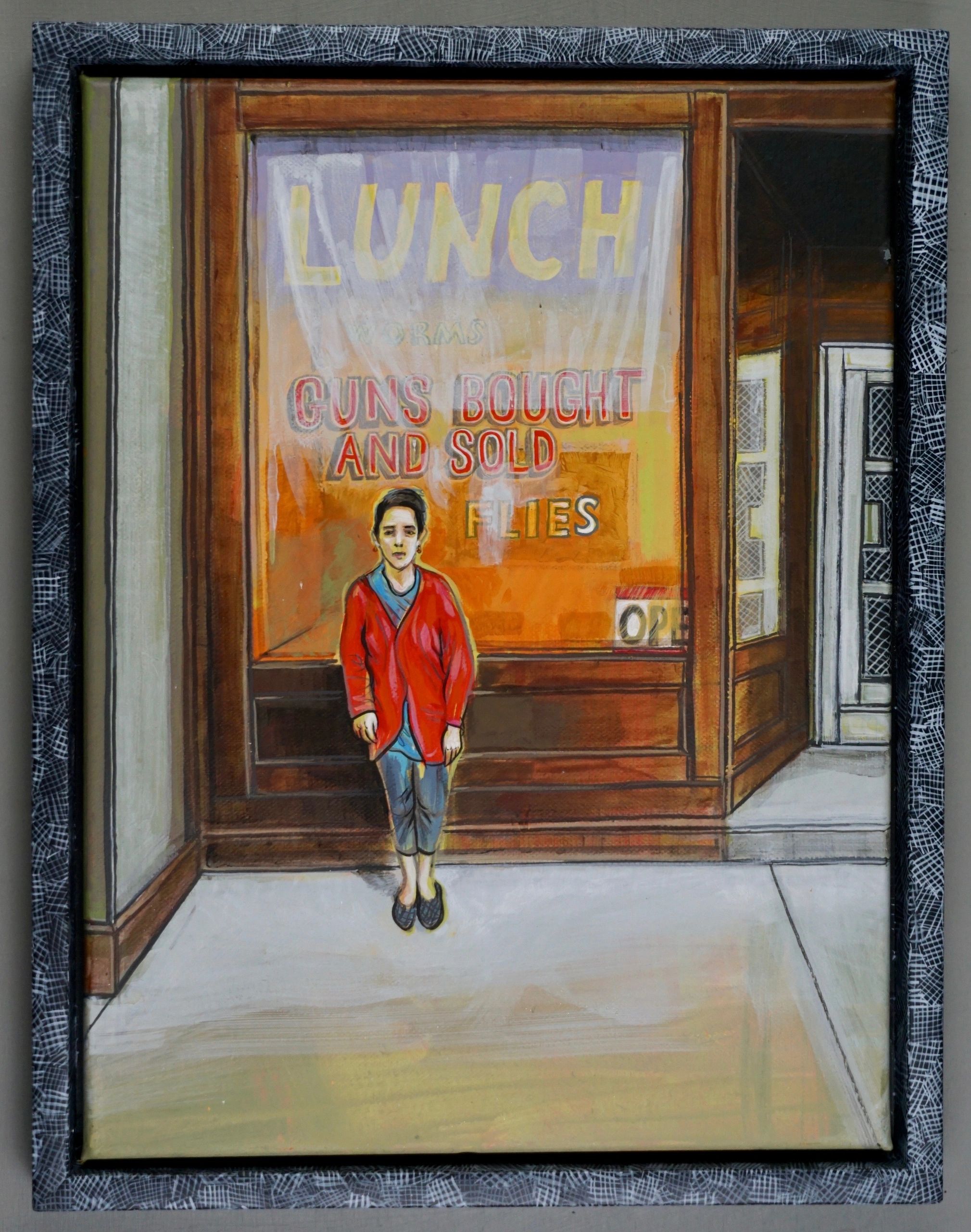 Lunch, Worms, Guns Bought & Sold, Flies, gouache & acrylic on canvas & wood frame, 28x38cm, 2021