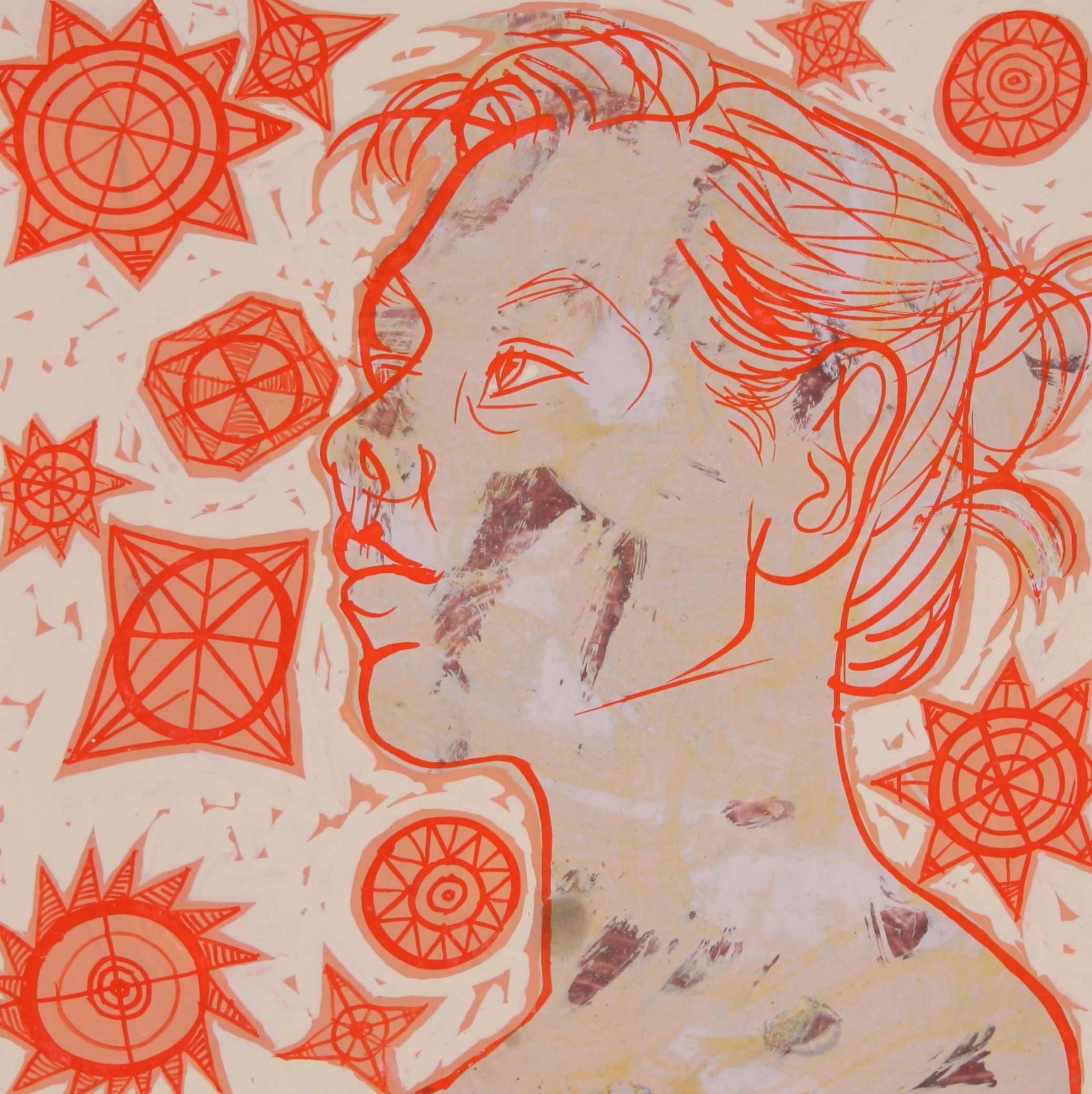 Girl Wishing on Stars, gouache & acrylic on paper, 25x25 cm, 2019