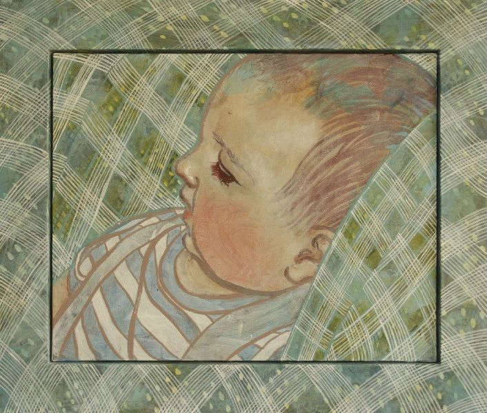 Baby Enveloped in Plaid, gouache, acrylic on canvas & wood, 64x54x4 cm, 2016