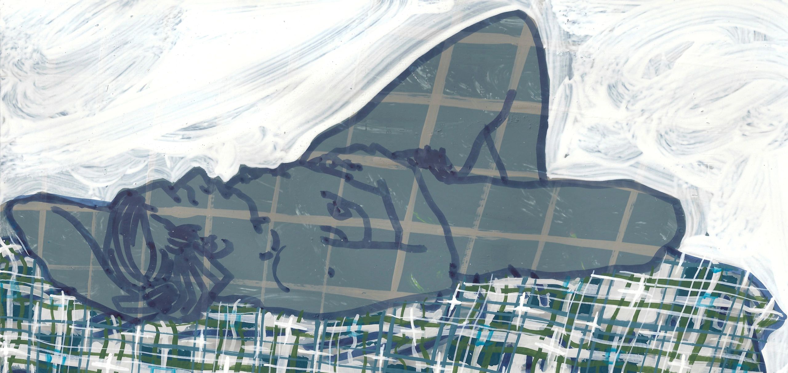 Woman Resting, with Plaid, gouache & acrylic on paper, 20x40 cm, 2018