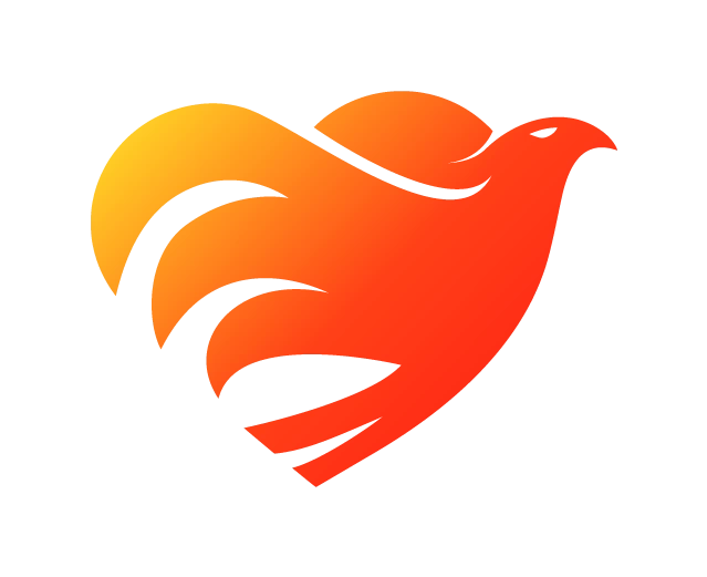 Stylized orange and red bird logo with gradient wings.