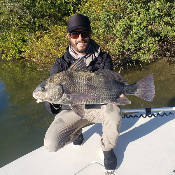 Inshore fishing in the winter months are beautiful client with drum he caught 