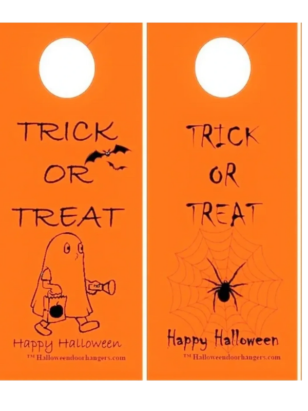 Orange Halloween door hangers with 'Trick or Treat' text and spooky illustrations.