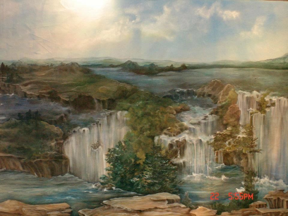 Custom Fine Art Mural with waterfalls, mountains and skies.