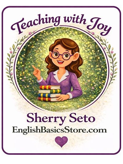 Logo for Teaching with Joy by Sherry Seto featuring a cheerful teacher illustration.