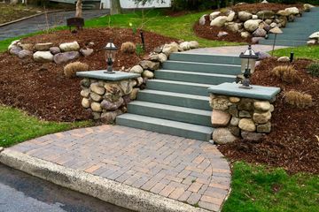 Backyard Landscape Construction Stone Steps Stairs Bluestone Paver Walkway Lighting Mulch