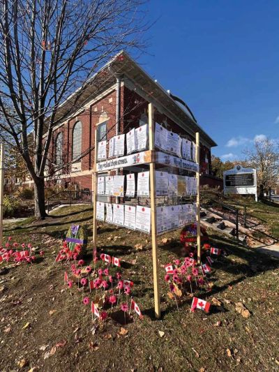 Photo of community memorial on Windermere Avenue that includes stories of 28 local soldiers. 