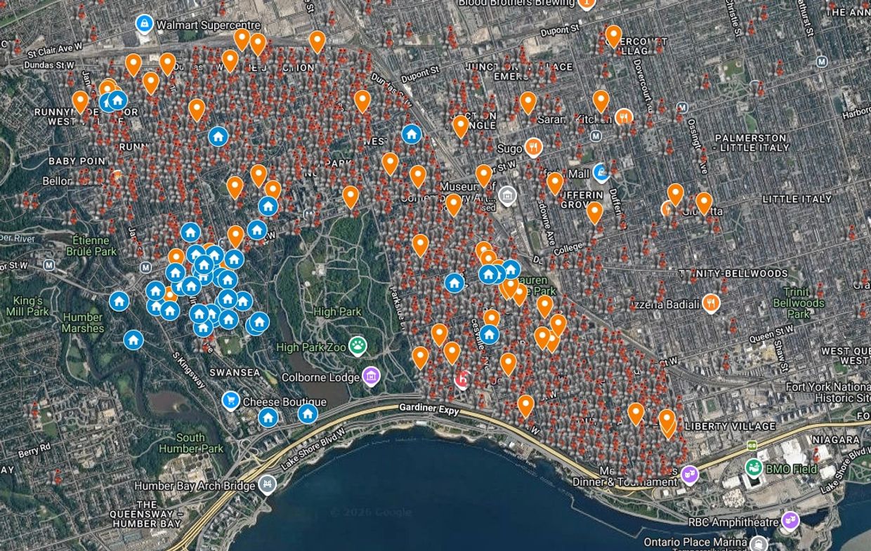 Map with various labeled markers in a city area 