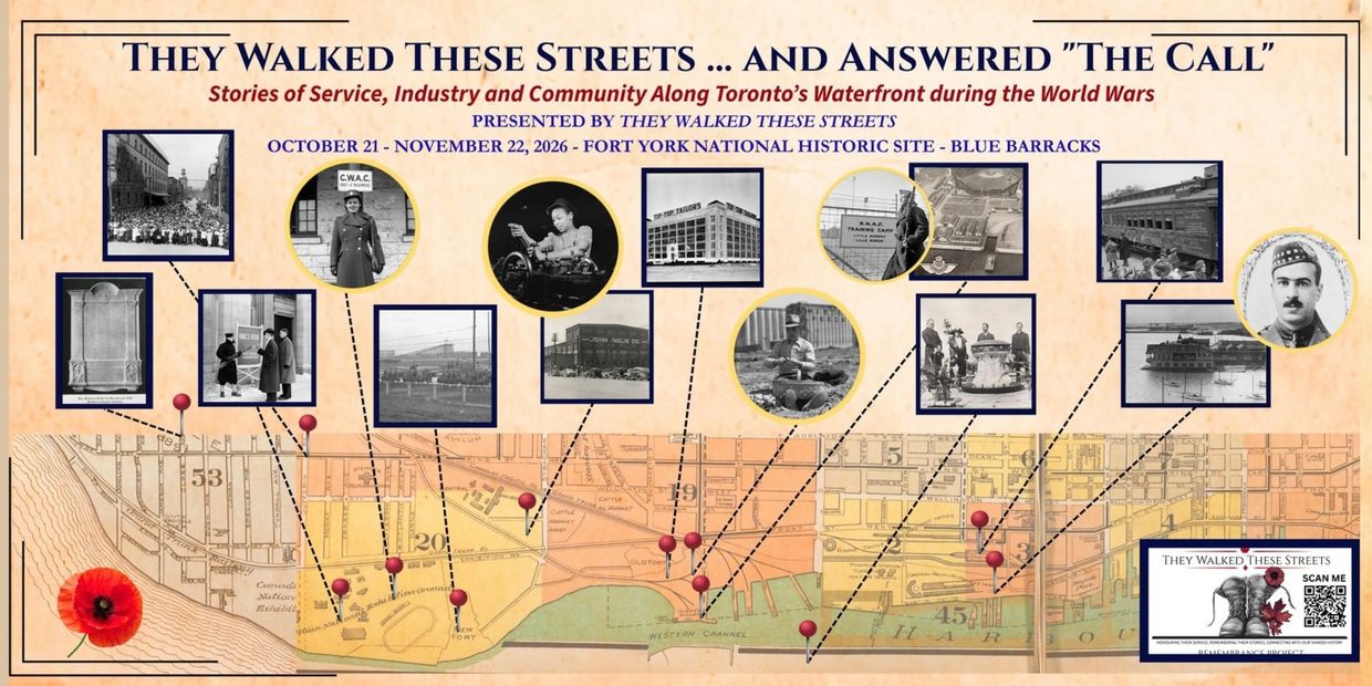 Map highlighting Toronto's waterfront wartime history with photos and pins.