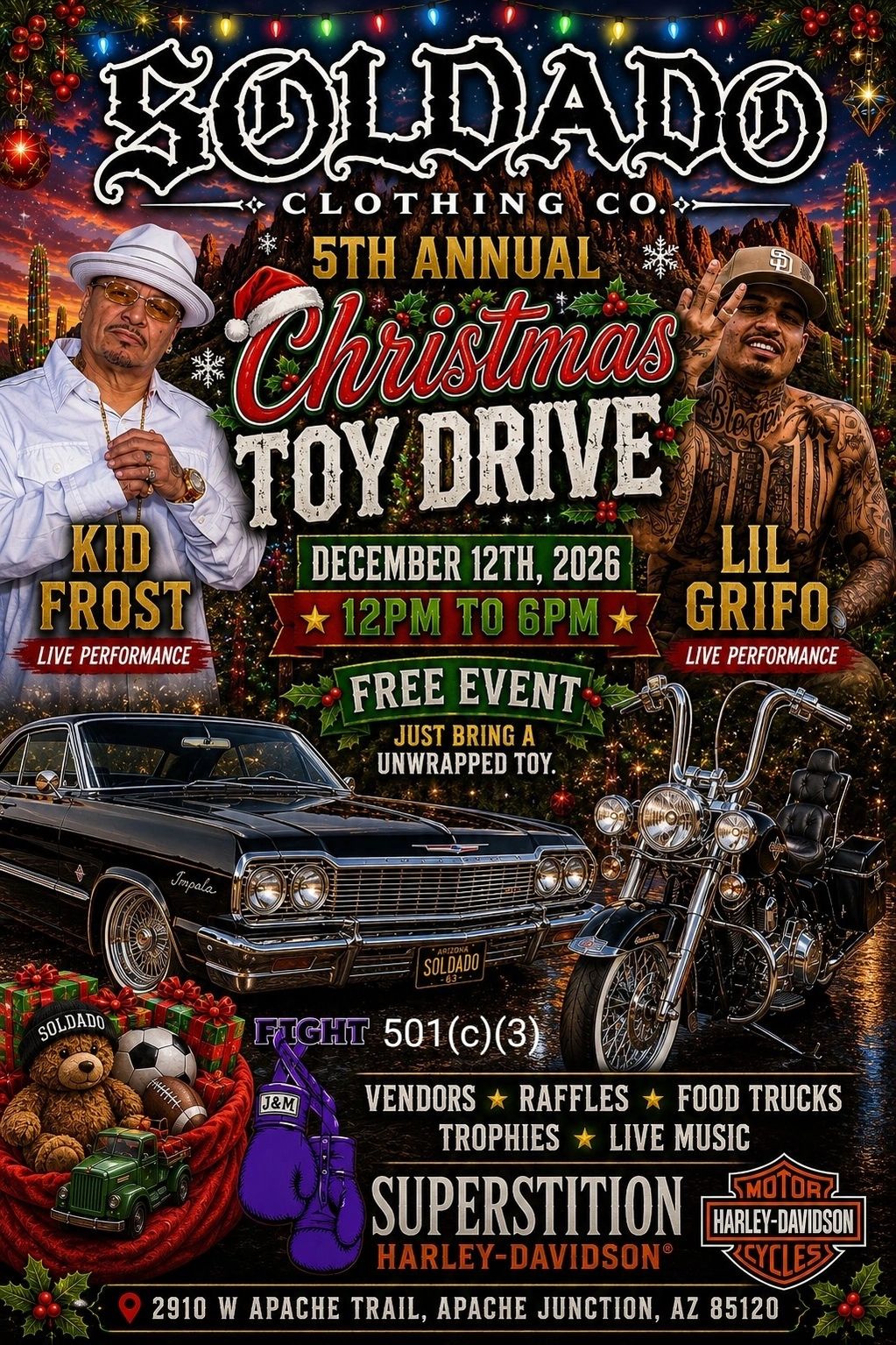 motorcycle, Harley Davidson, boxing gloves, low rider, Christmas, toy drive, Soldado Clothing Co, 