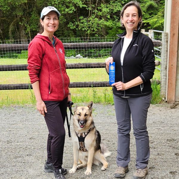 A woman stand with her German Shepherd dog next to a CGC Evaluator holding their new title ribbon