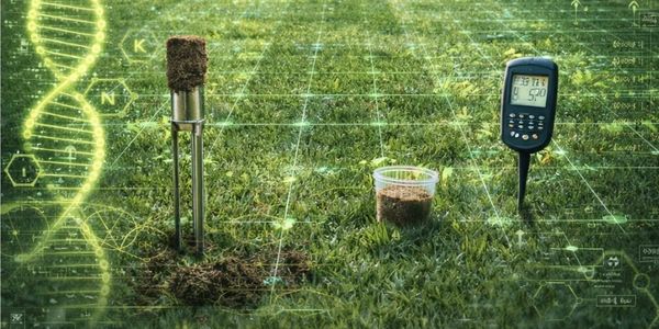 Soil sampling and analysis with digital data integration in a grassy field.