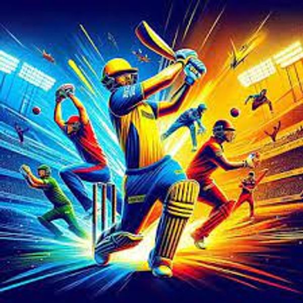 Dynamic digital art of cricket players in action in a vibrant stadium.
