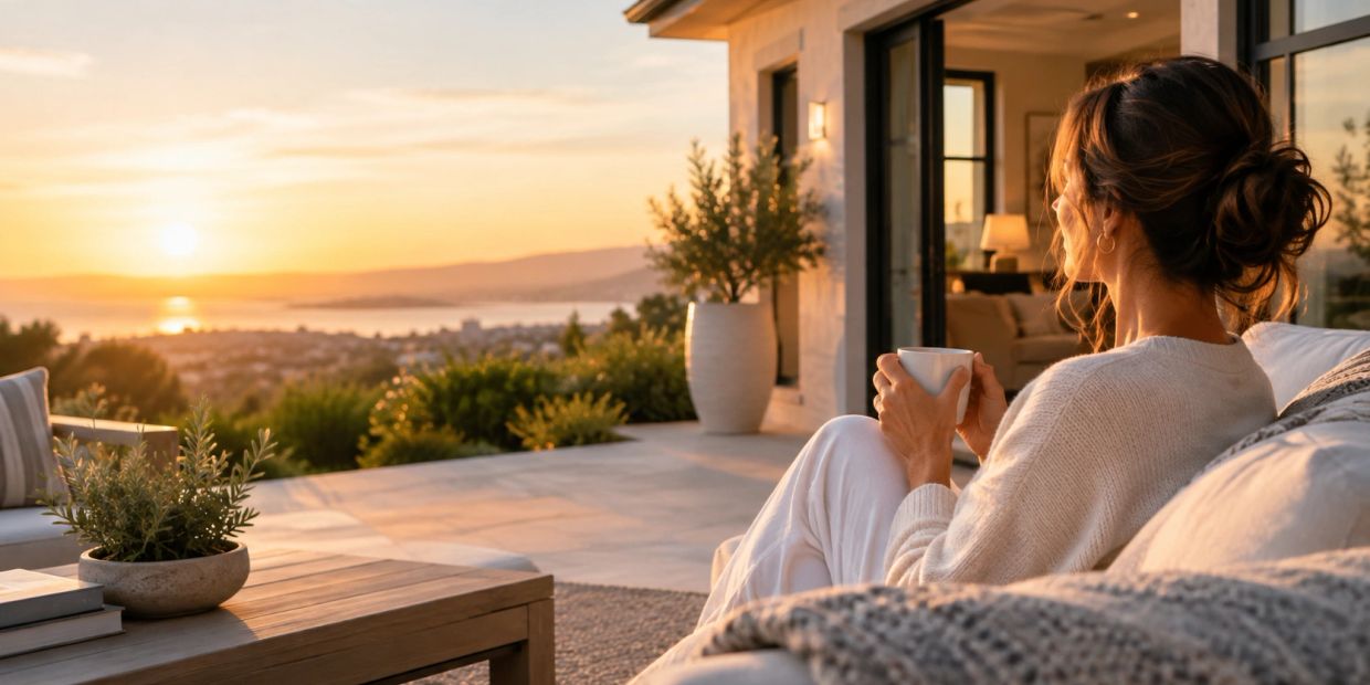 Woman enjoying sunrise on patio with cup of coffee.