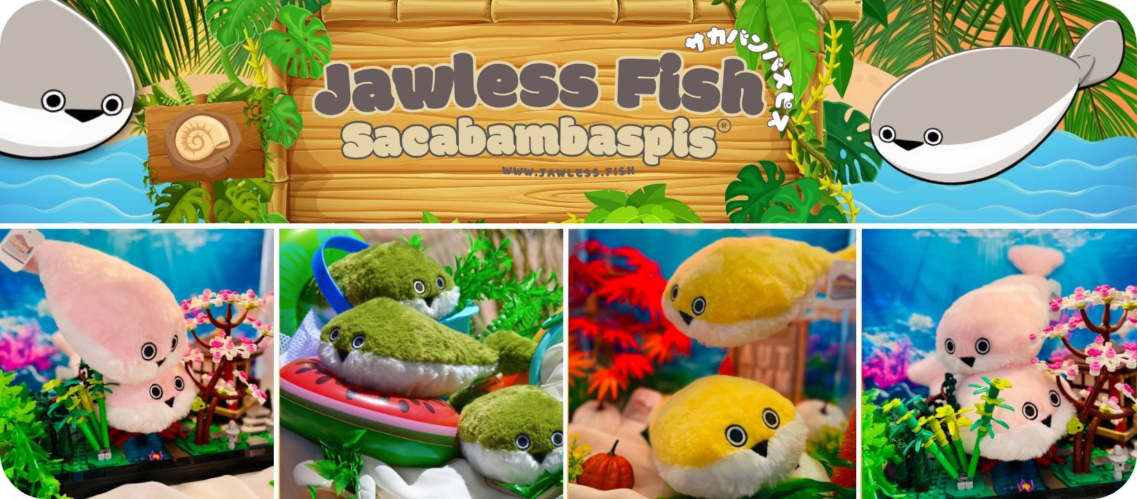 Several sacabambaspis fish plush toys displayed on tropical themed banner