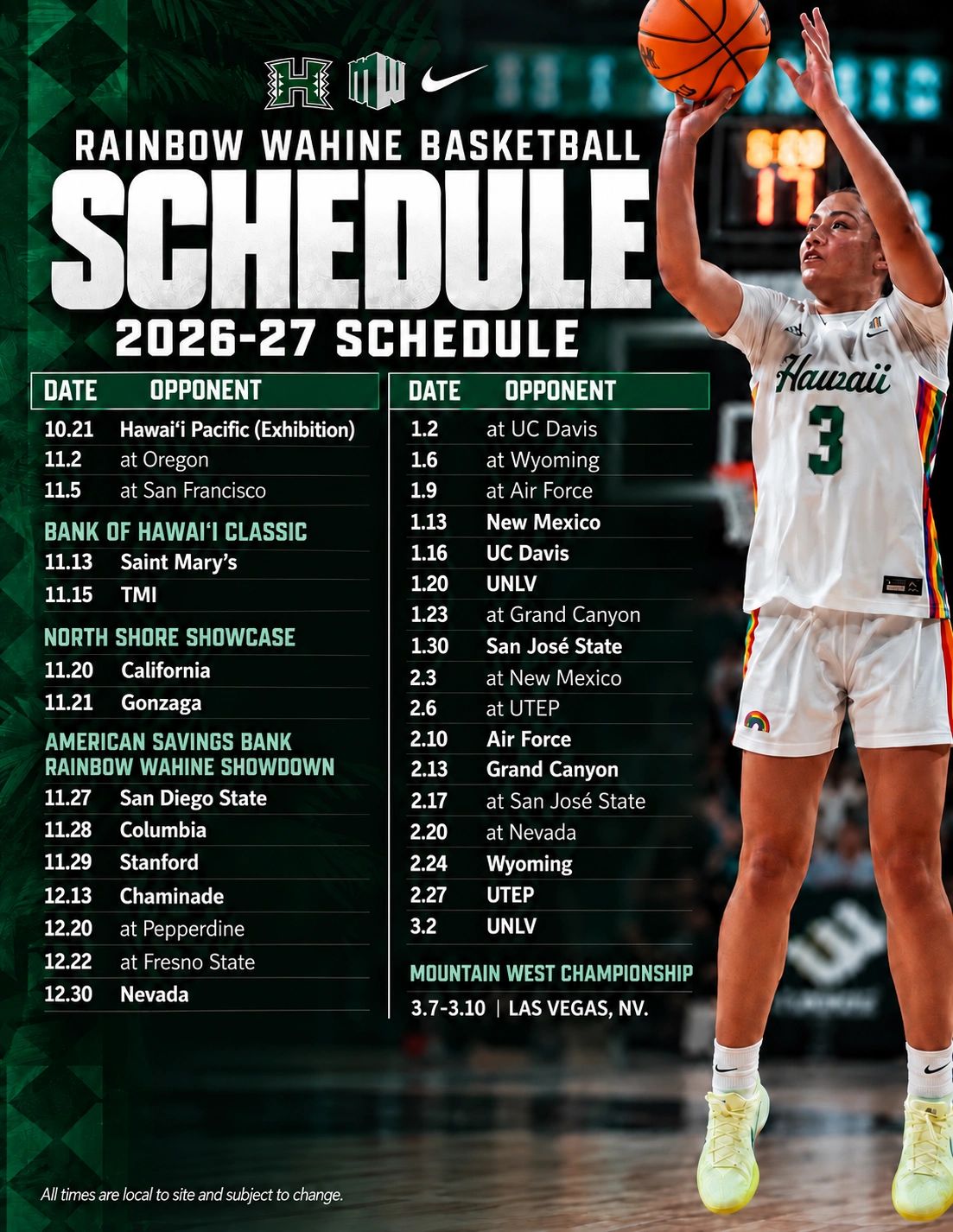 Rainbow Wahine 2026-27 basketball schedule with dates and opponents.