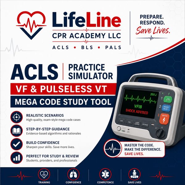 LifeLine CPR Academy ACLS practice simulator for VF and pulseless VT.
