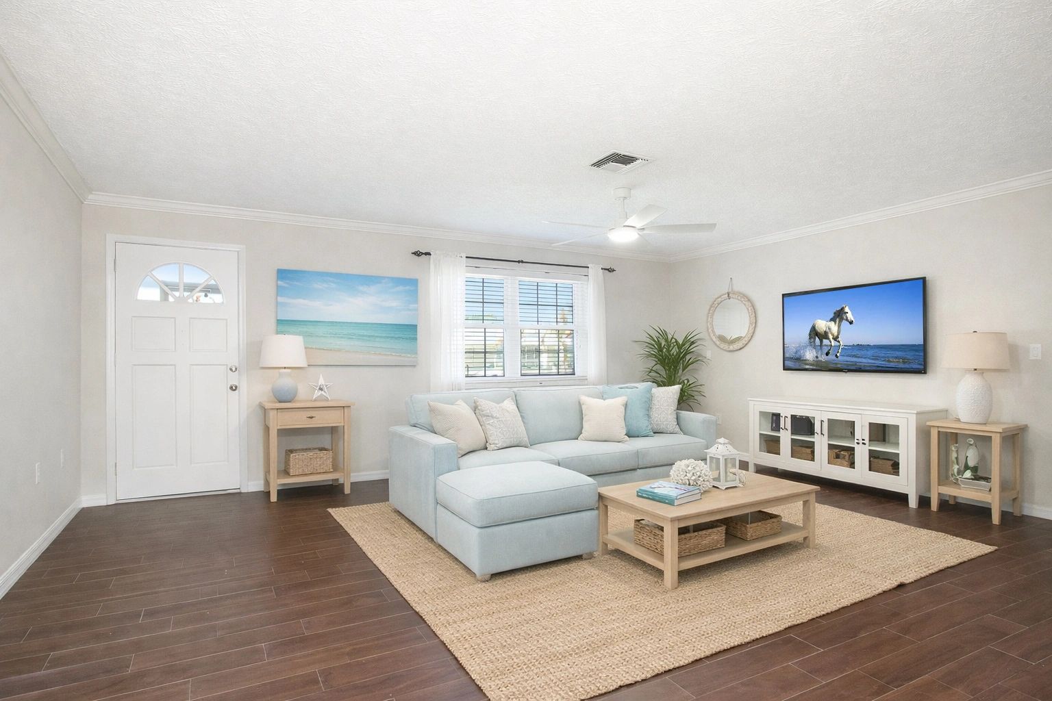 Virtually staged coastal living room for a real estate listing on Florida's Treasure Coast.
