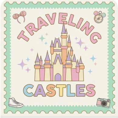 Pastel illustration of a castle with text 'Traveling Castles' and travel icons.