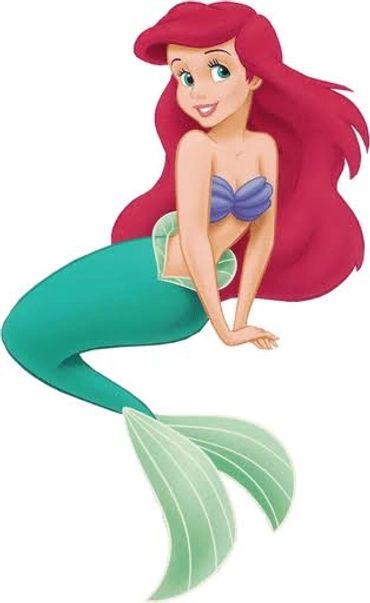 Cartoon of a smiling mermaid with red hair and green tail.
