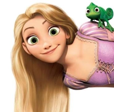 Rapunzel with a small green chameleon on her shoulder.