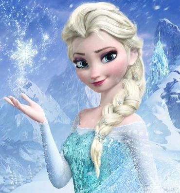 Animated character Elsa from Frozen in icy landscape.