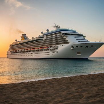 A large cruise ship sails near the beach at sunset.