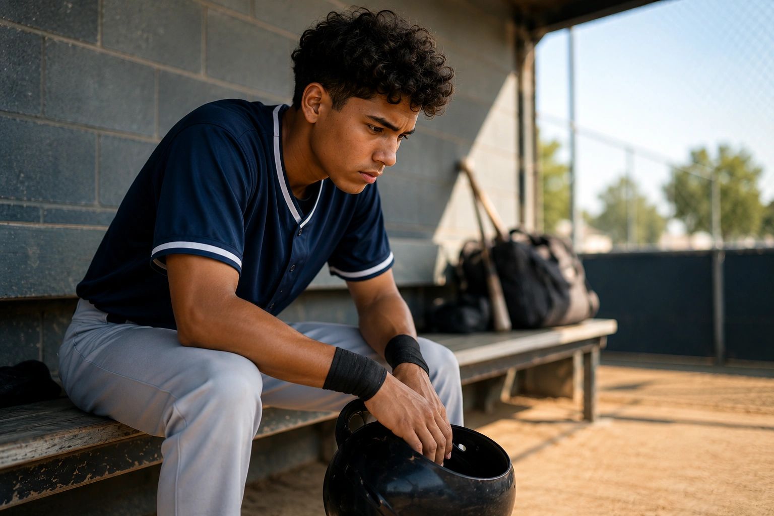 A young baseball player sits in the dugout looking thoughtful, holding his helmet.