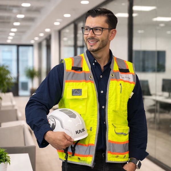 Man in safety vest holding a white helmet in a modern office.