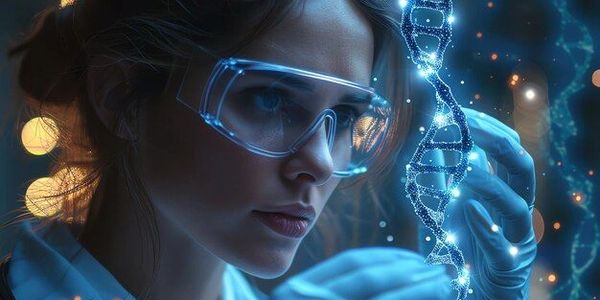 Scientist examining a glowing DNA strand with protective glasses and gloves.