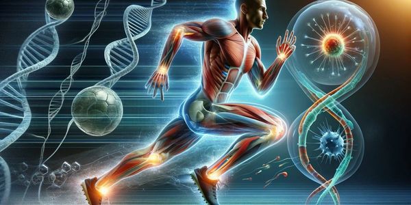 A digital illustration of a muscular runner surrounded by DNA strands and microscopic elements.