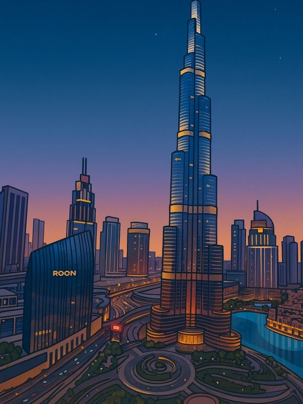 Illustration of a modern city skyline with a tall skyscraper at sunset.