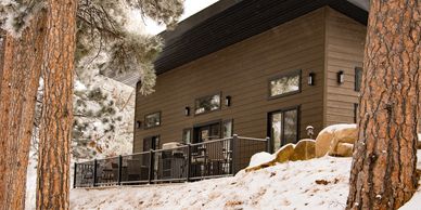Modern cabin in a snowy forest setting with pine trees.