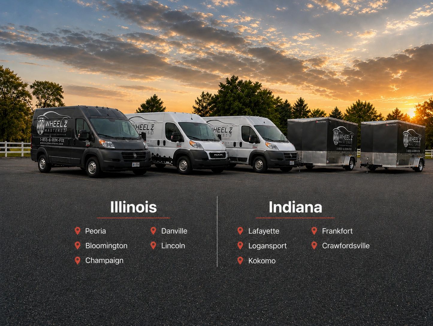Picture displaying Wheel Masters Inc. mobile trailers and vans. 
